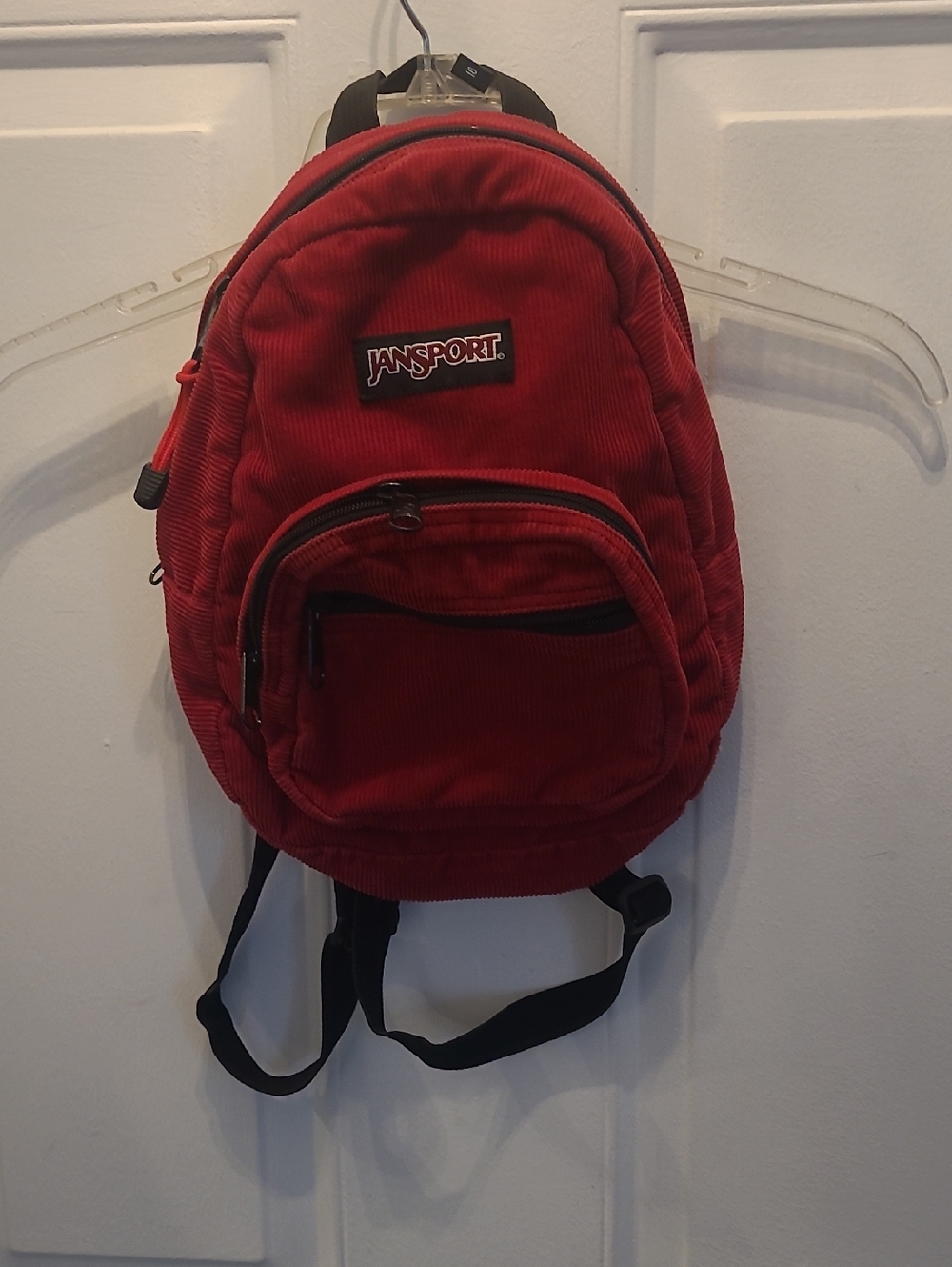Jansport Red Corduroy Backpack with Front Zip Pocket